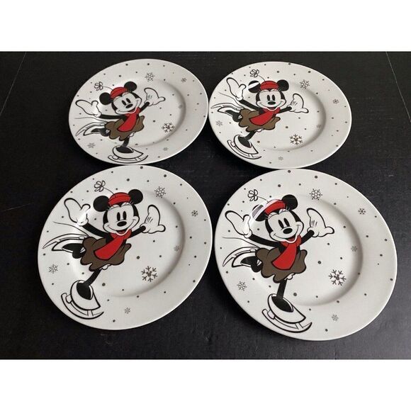 Set Of 4 Disney Minnie Mouse Christmas Salad Plate Ice Skating Holiday Snowflake - Picture 1 of 7